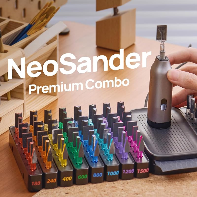 NeoSander Premium Combo – Mini-Detaillierschleifer mit 64 farbcodierten Schleifköpfen, Ladestation und Schleifpapier-Set, Geschenkidee für 3D-Druck, Modellbau, Basteln und Heimwerkerprojekte