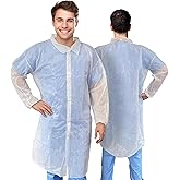 AMZ Medical Supply White Disposable Lab Coat, Large. 35 GSM Polypropylene Fabric Medical PPE Coat. Knee-Length Disposable Lab Coats with Elastic Wrists, Loop Fasteners, No Pockets