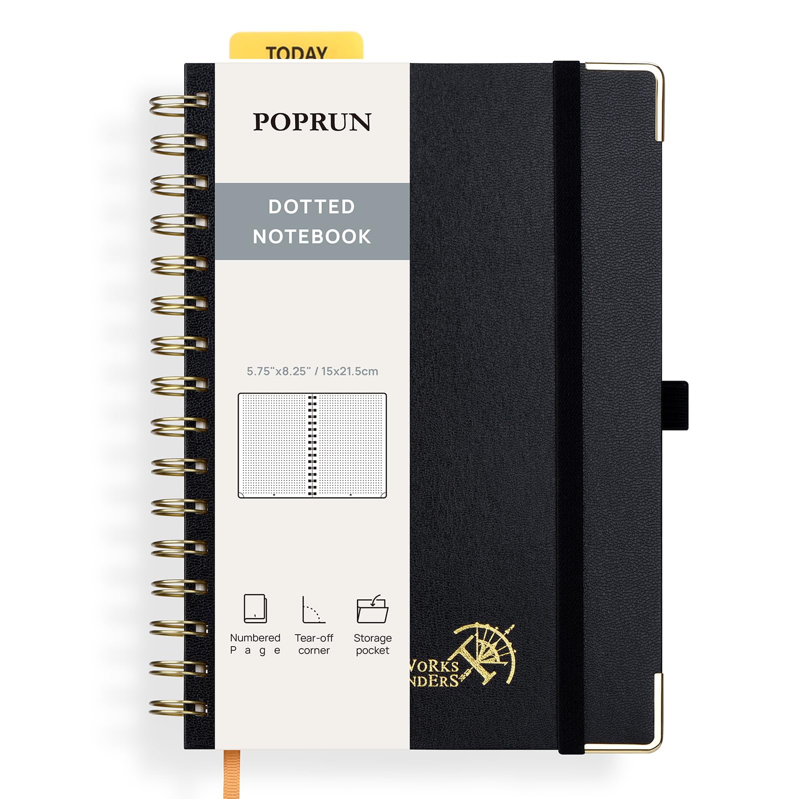 POPRUN Spiral Bullet Dotted Journal Notebook, [A5 Size] - 120 Gsm Thick Paper, 141 Numbered Pages, Wirebound Notepad for Men & Women with Pocket, Index Tabs, 8 Perforated Sheets, Black