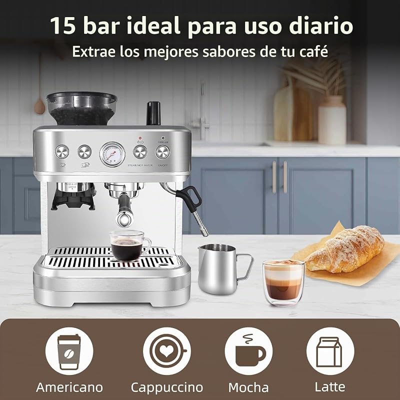 Máquina de café italiana automática com moinho integrado – 15 bares e controlo PID – espresso profissional em casa com bico a vapor, tanque de 2,3L, aço inoxidável, prata