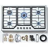 Gas Cooktop 36 Inch ROVLEP, Gas Stove Top Built-in 5 Burners Stainless Steel Total 37,600 BTU, NG/LPG Convertible Propane Cooktops Dual Fuel, RV Stove Top with Thermocouple Protect (36 INCH)