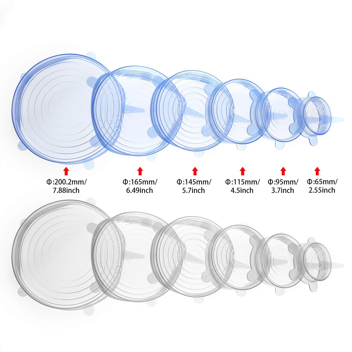 Silicone Stretch Lids - Set of 12 Reusable Clear Food Covers - Stretch Each Lid to Cover Your Bowls, Cups, Plates, Containers, Tupperware, Pyrex - Microwave, Dishwasher Safe