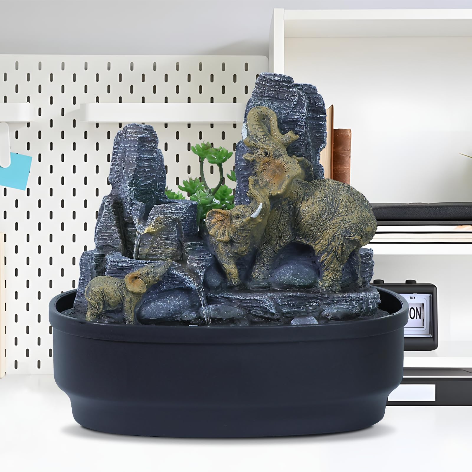 Photo 1 of Elephant Tabletop Fountain with Cascading Rocks & LED Lights, Zen Indoor Water Feature for Living Room/Office/Bedroom, Multi-Room Home Decor and Elephant Lover Gift (10.8" H)