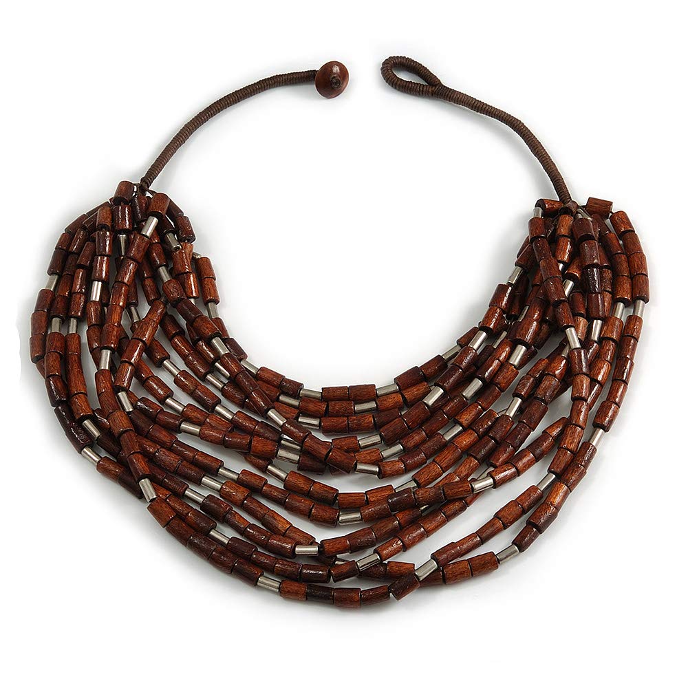 Avalaya Statement Multistrand Wood Bead Cotton Cord Bib Style Necklace In Brown - 64cm Long