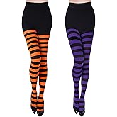 SATINIOR 2 Pcs Halloween Witch Tights for Women Striped Stockings Witch Striped Leggings Footed Pantyhose for Women Girls Halloween Costume Party Dress up(Orange and Black, Purple and Black,Stripe)