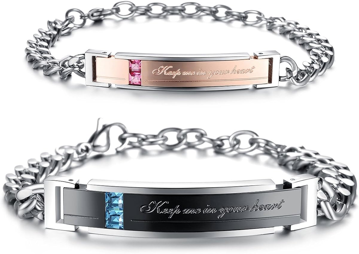 Cupimatch 2pcs Couple Bracelets Stainless Steel Loving Bangle Bracelet Matching Bracelet Best Friend Jewelry ((Keep me in your heart) black gold)