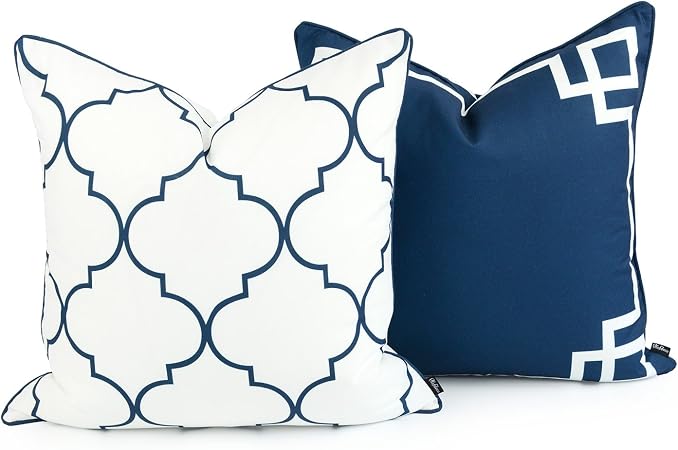 Amazon Com Hofdeco Spring Indoor Outdoor Pillow Cover Only Water Resistant For Patio Lounge Sofa Navy Blue Greek Key Moroccan 20 X20 Set Of 2 Garden Outdoor