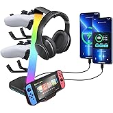 VCOM RGB Gaming Headphones Stand with 10 Light Modes, 4 Controller Holder with 1 USB & 2 Type-C Charging Ports,Headset Stand Suitable for All Earphone Accessories, Best Gift for Desk Gamers