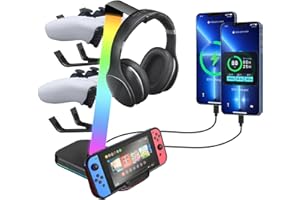 VCOM RGB Gaming Headphones Stand with 10 Light Modes, 4 Controller Holder with 1 USB & 2 Type-C Charging Ports,Headset Stand 