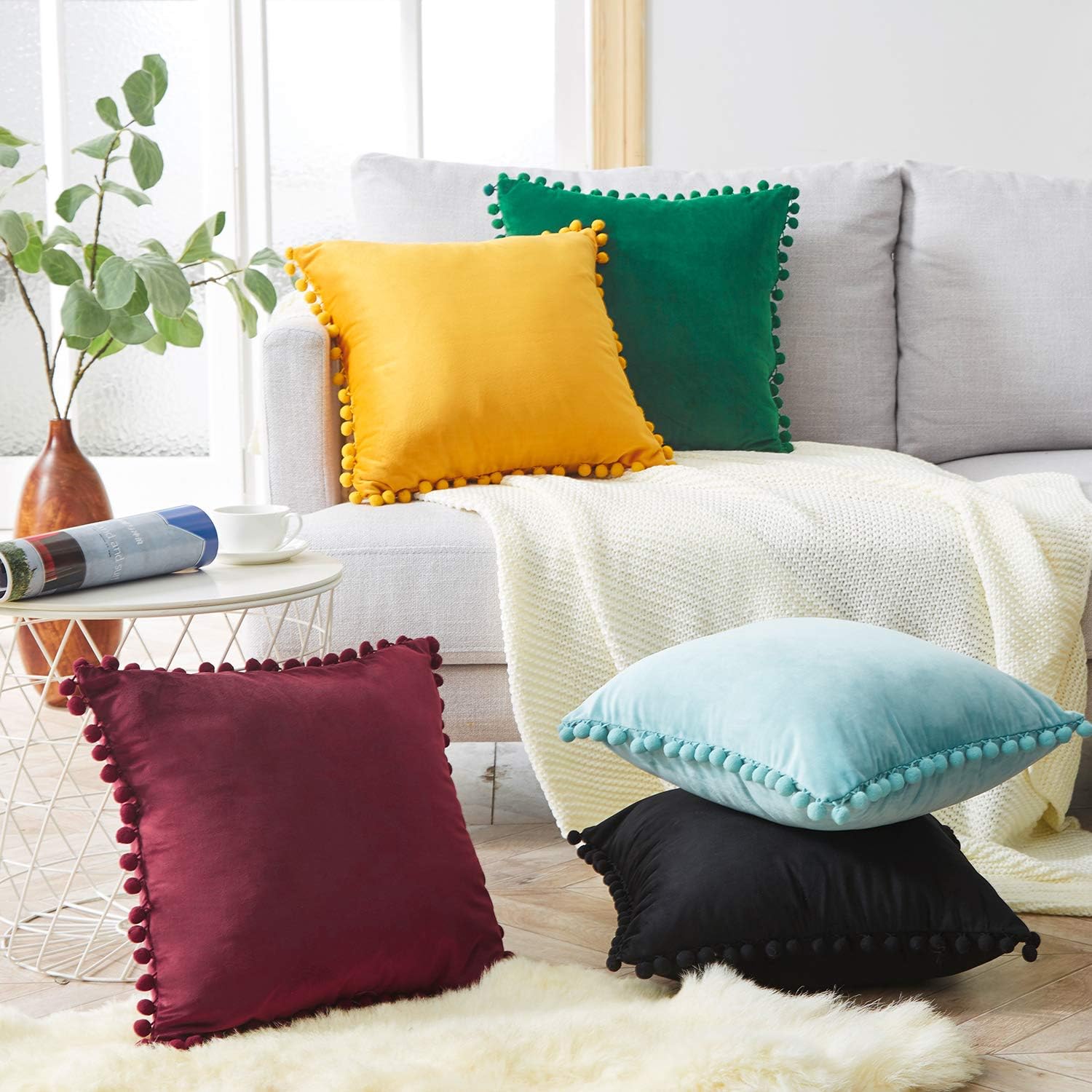 Top Finel Decorative Throw Pillow Covers with Pom Poms Soft Particles Velvet Solid Cushion Covers 20 X 20 for Couch Bedroom Car, Pack of 2, Mustard Yellow: Home & Kitchen