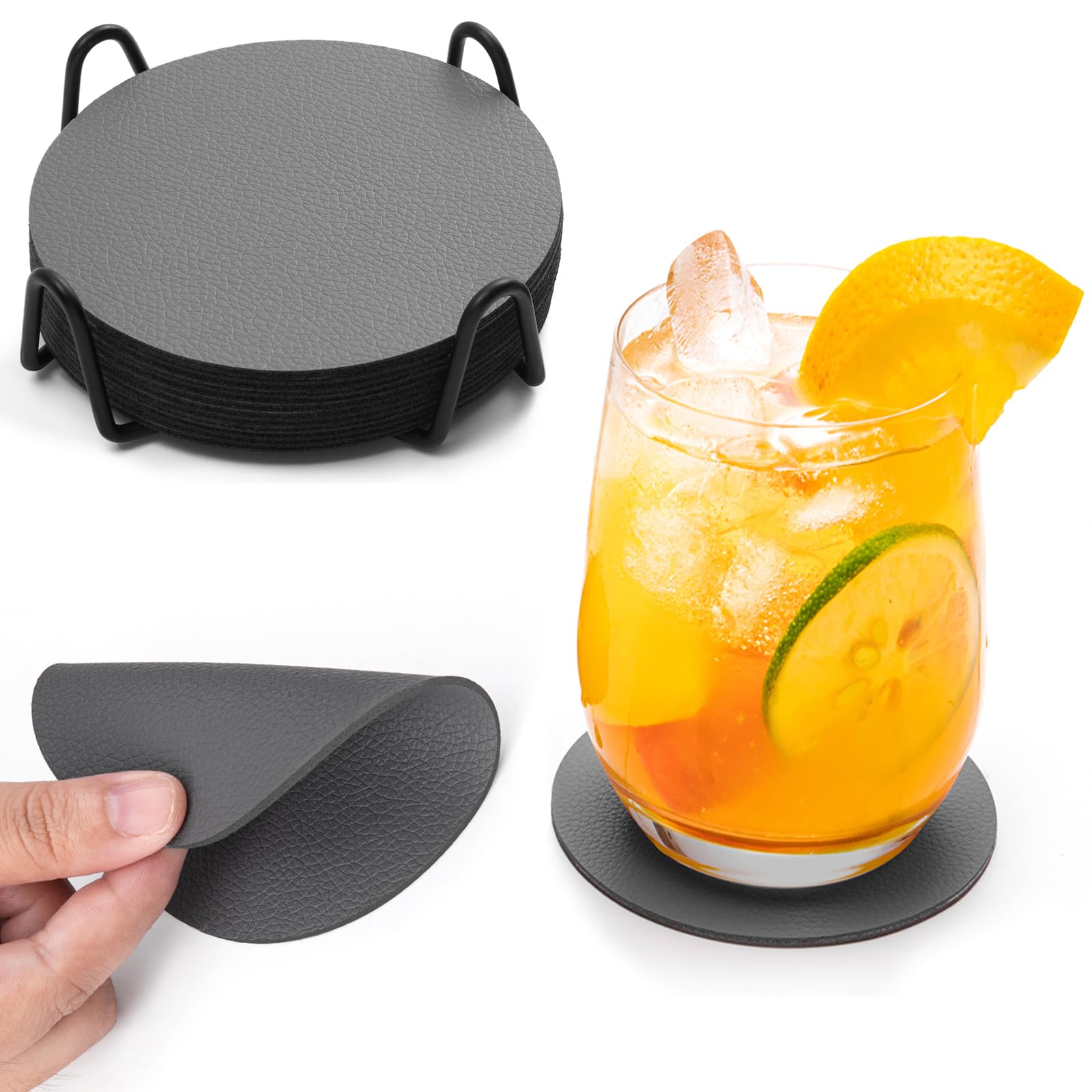 Chitomars Coasters,Leather Coasters Set of 12 for Drinks Outdoor Coasters with Holder Mug Coaster Non Slip Anti-Heat Cup Mats for Coffee Beer Mug Wine Glass Bottle Home and Bar (Round, Grey Grey)