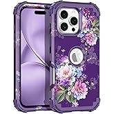 LONTECT for iPhone 16 Pro Max Case Shockproof 3 in 1 Heavy Duty Rugged Hybrid Sturdy High Impact Drop Protective Cover Flower Case for Apple iPhone 16 Pro Max 2024,Dark Purple