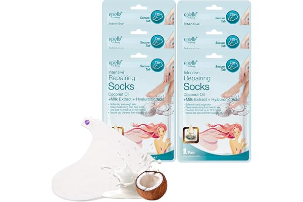Epielle Intensive Repairing Foot Mask 6 Pairs, Soften with Coconut Oil & Milk Extract, Deep Moisturizing Socks for Dry, Cracked Feet, Self Care Gifts for Women, Spa Kit