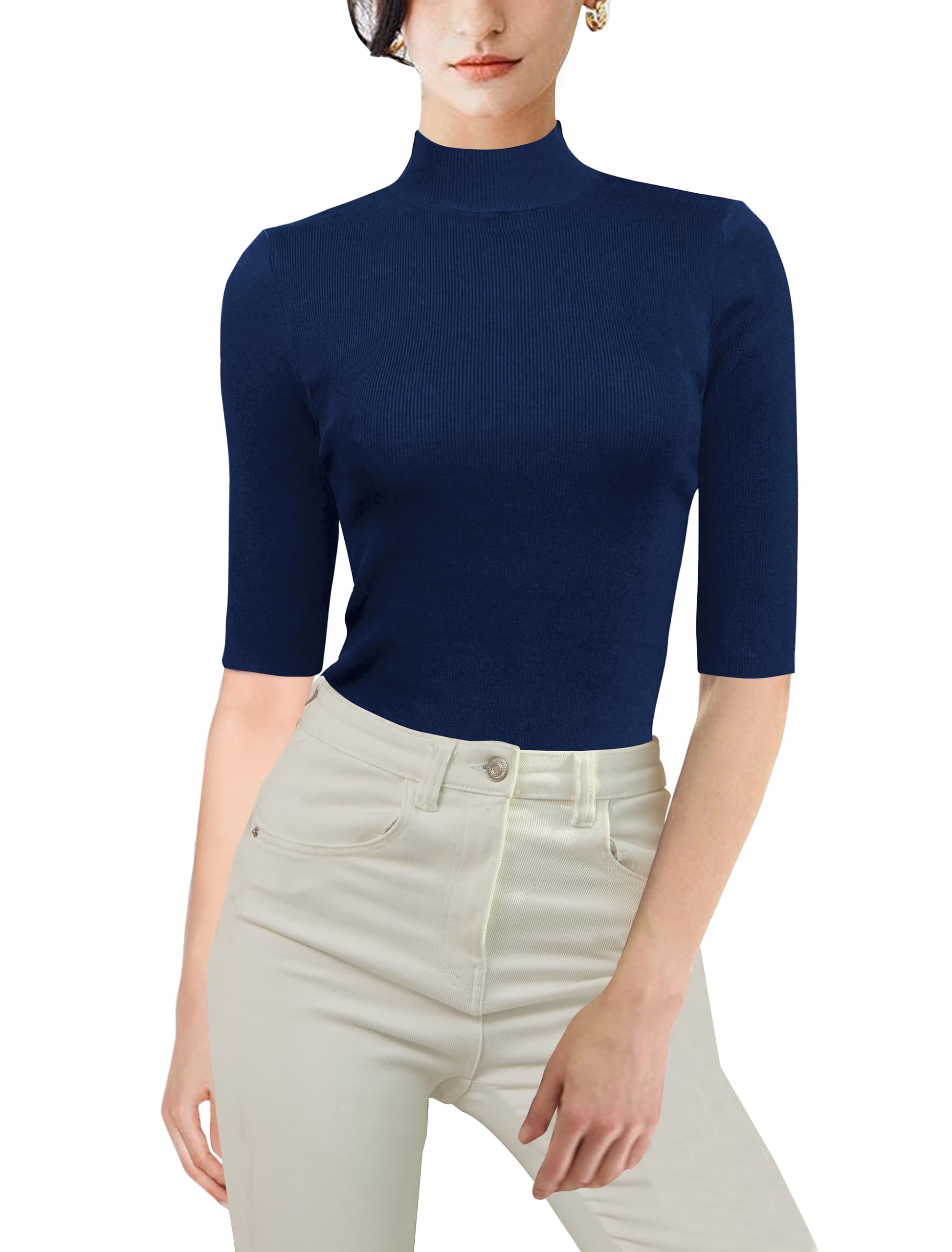 v28 Women Mock Neck Half Sleeve Slim Fit