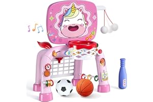 HYES 3 in 1 Toddler Basketball Hoop & Soccer Goal & Baseball, Activity Center Baby, Montessori Baby Toys 6-12 Months, Indoor 