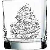 yENGRAVE Engraved Nautical Ship Whiskey Glass - 11 oz Pirate Captain Sailor Gift, Old Fashioned Marine Barware with Ancient Ship & Sail, Schooner Design