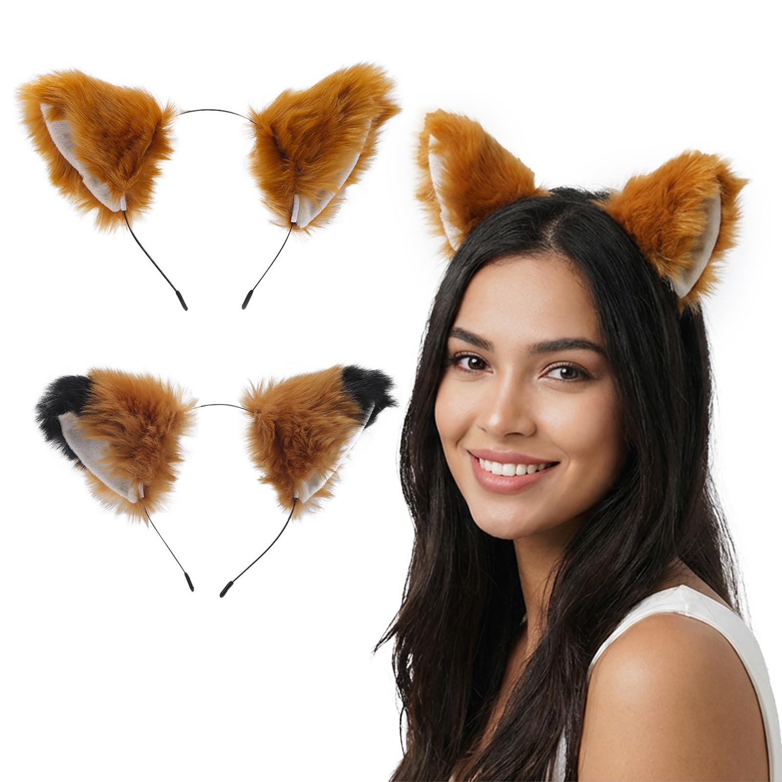 YONEEKSS 2 Pcs Plush Furry Fox Ears Headband, Cute Fluffy Fox Ears Hair Hoop, Animal Cosplay Costume Accessory for Halloween, Christmas Party, Dress Up, Stage Show