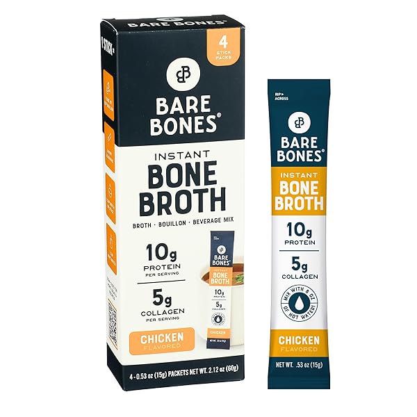 BARE BONES CHICKEN BONE BROTH INSTANT POWDERED MIX | RICH SAVORY PACKETS ON-THE-GO NO ARTIFICIAL FLAVORS | 100% GRASS FED KETO & PALEO FRIENDLY | 10G PROTEIN | 4 PACK