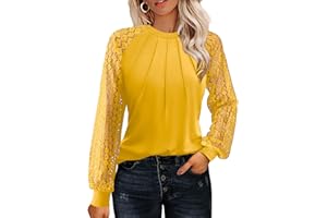 Hotouch Women's Lace Long Sleeve Tops Dressy Business Casual Blouses Front Pleated Work Shirts Summer Clothes