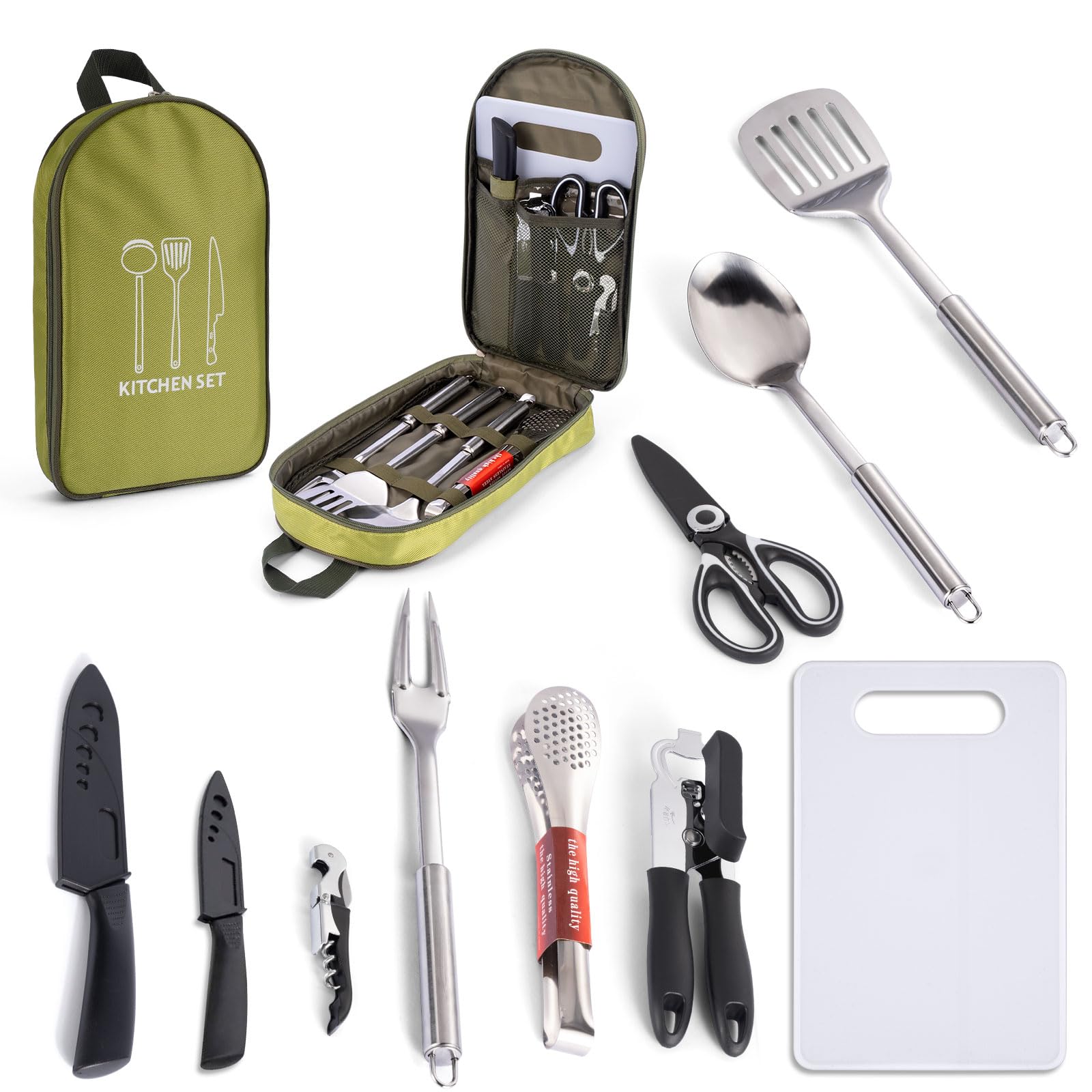 10Pcs Camping Kitchen Utensils Organizer - Travel Set for Cooking, Backpacking & Outdoor