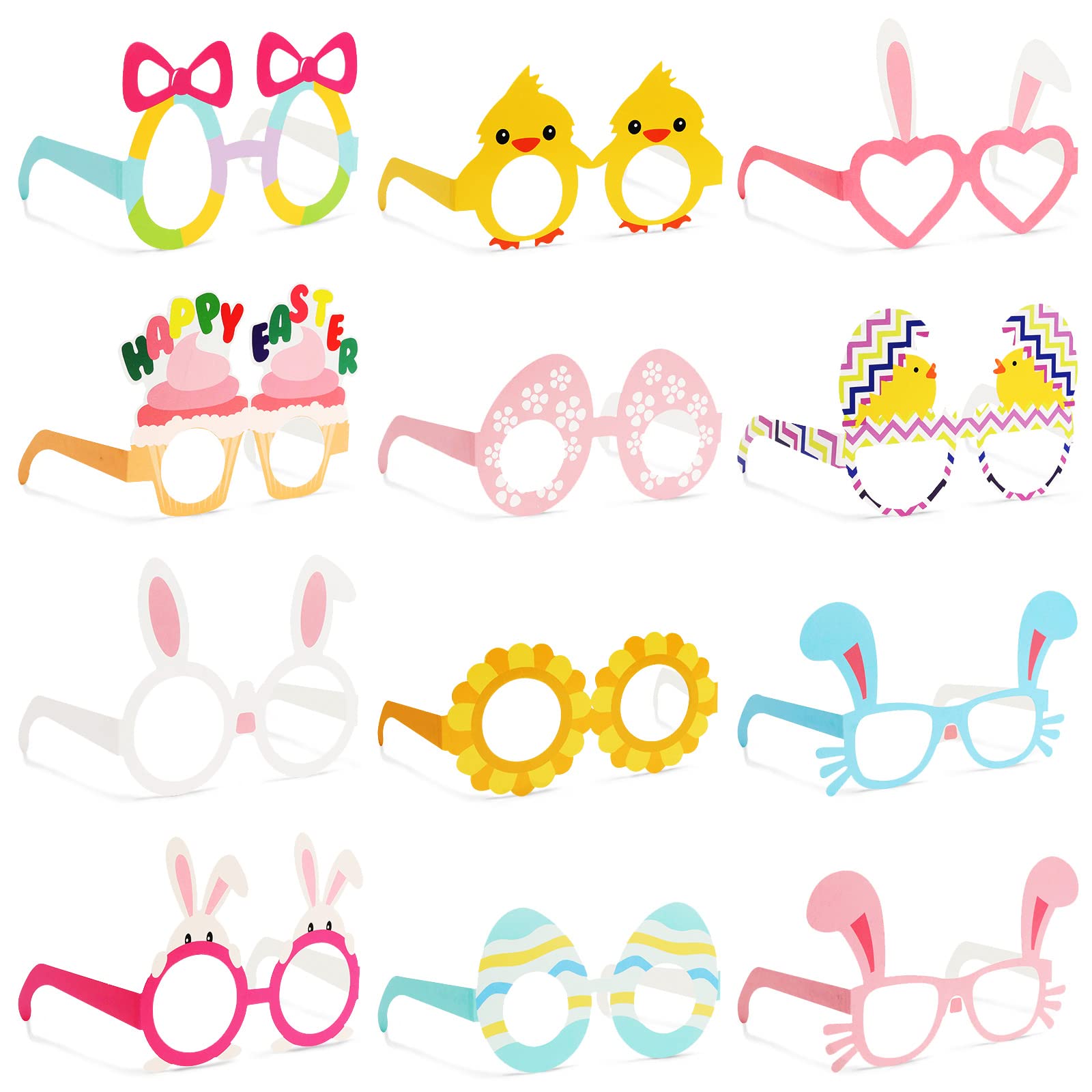 BigOtters 12PCS Easter Party Glasses, Funny Bunny Ears Paper Glasses for Kids Easter Party Favors Basket Stuffers Decorations Supplies