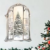 Christmas Tree Wall Decals Removable 3D Snow Scene Outside The Window Wall Stickers Winter Xmas Wall Decor for Bedroom Living Room Home Party Decorations