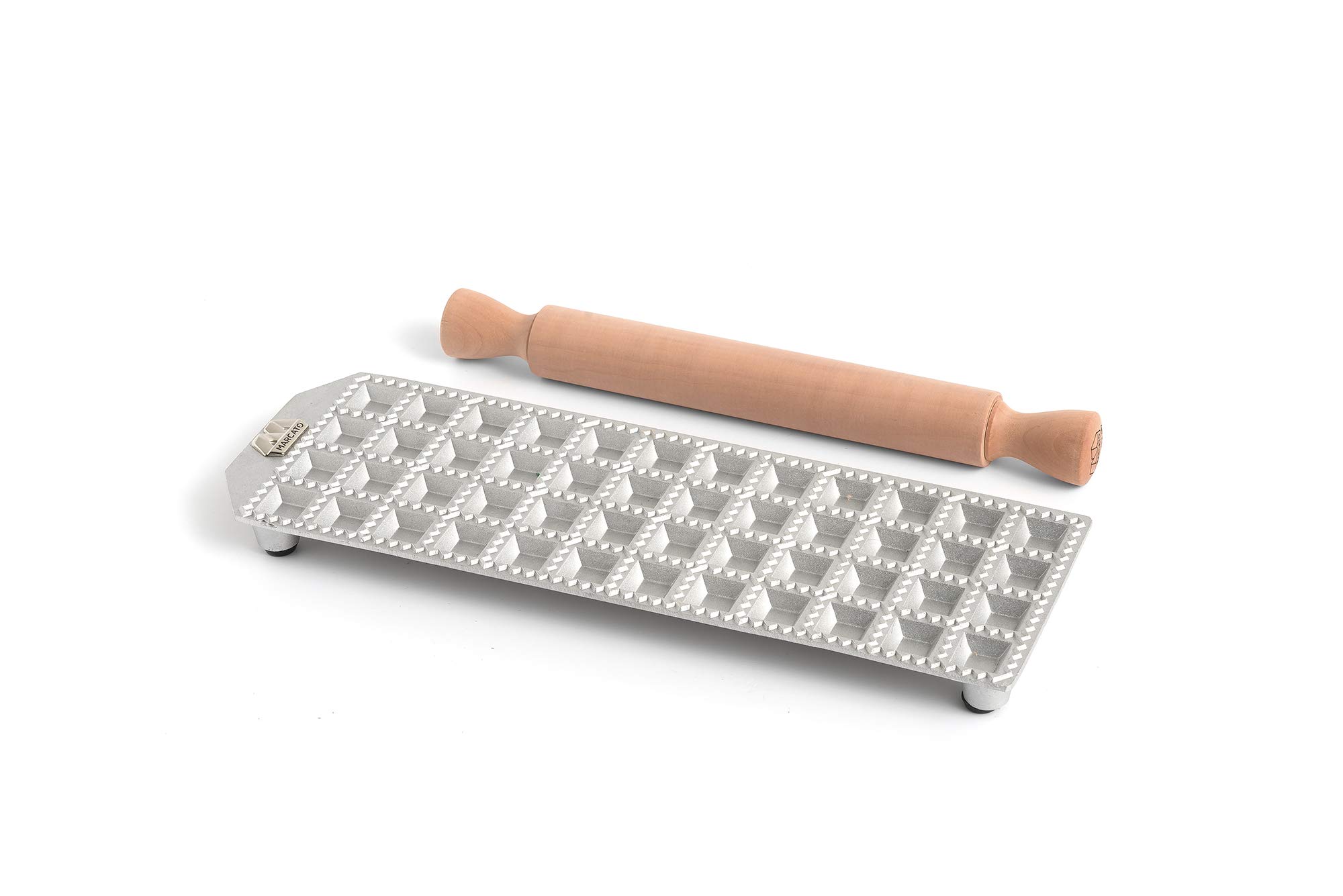 Marcato Ravioli Maker Press, Ravioli Machine, Homemade Ravioli Cutter, 25 mm Square Cut, Space for Abundant Filling, Wooden Rolling Pin Included, Made in Italy