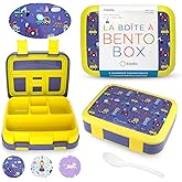 kinsho Bento Lunch Box for Kids Toddlers Boys, 5 Portion Sections Secure Lid, Microwave Safe BPA Free Removable Tray, Pre-School Kid Daycare Lunches Snack Container Ages 3 to 5, Blue Yellow Trucks