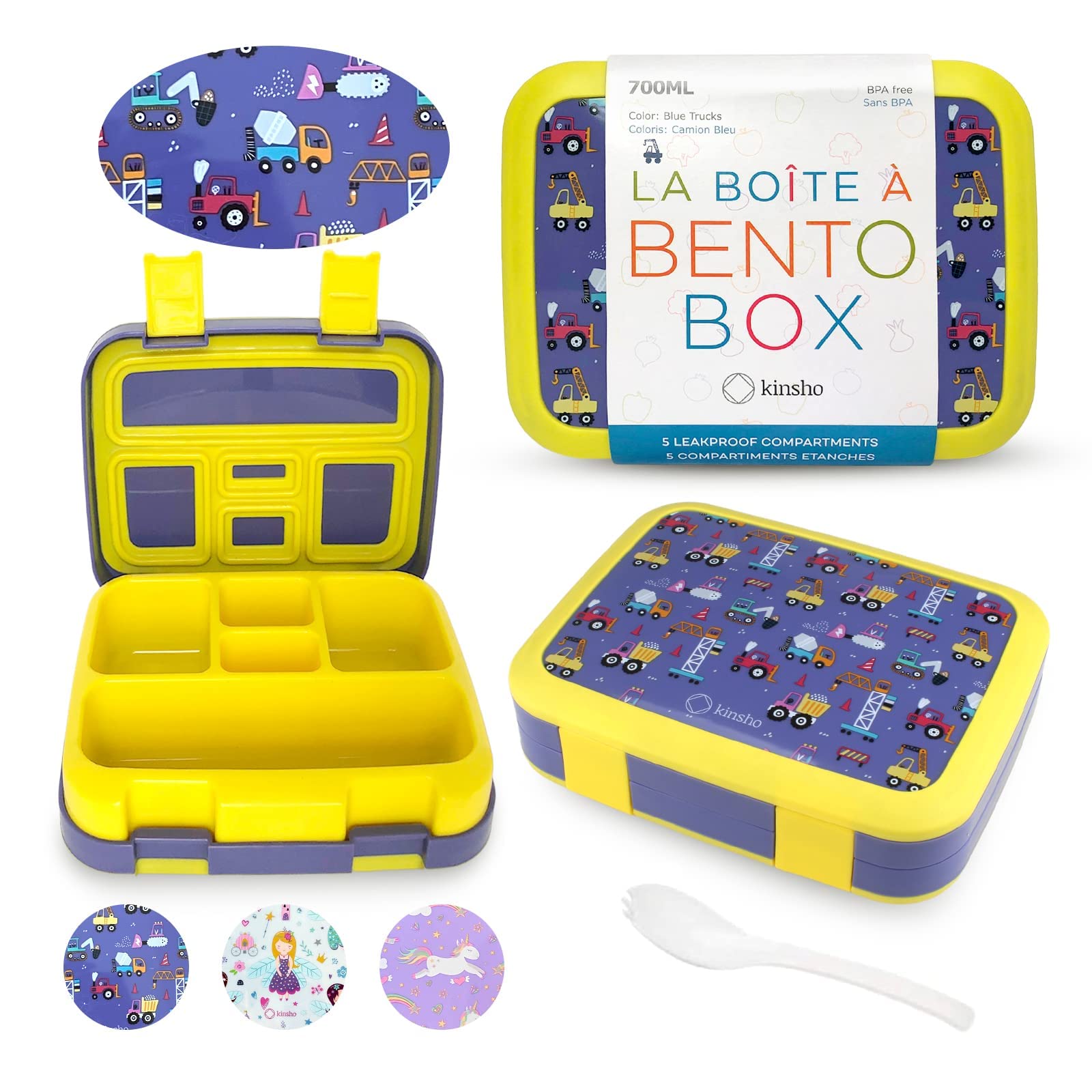 Photo 1 of kinsho Bento Lunch Box for Kids Toddlers Boys, 5 Portion Sections Secure Lid, Microwave Safe BPA Free Removable Tray, Pre-School Kid Daycare Lunches Snack Container Ages 3 to 5, Blue Yellow Trucks