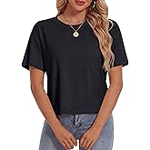 YUCOLEN Women's Crop Tops Summer Short Sleeve Cotton UPF 50+ Round Neck Casual Loose Cropped T-Shirts Solid Basic Tees