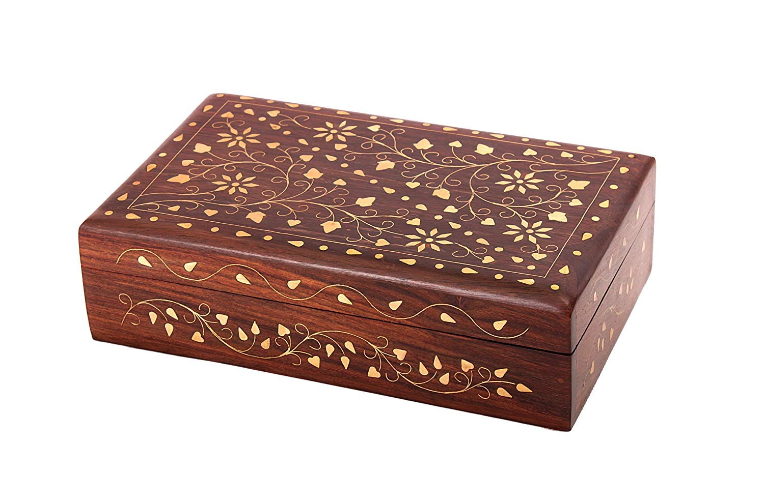 Ajuny Hand Carved Wooden Decorative Jewelry Storage Box with Floral Carvings Design Brass Inlay Keepsake Travel Treasure Chest Trinket Holder Organiser Great Gifts