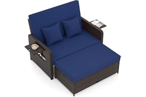 Tangkula Patio Rattan Daybed with 4-Level Adjustable Backrest, Outdoor PE Wicker Loveseat with Storage Ottoman & Folding Side