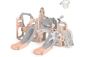 Lischwert Toddler Slide and Swing, 10 in 1 Toddler Indoor Playground, Slide for Toddlers, Outdoor Playset Backyard with Basketball Hoop, Tunnel and Storage Space, Kids Double Slide Age 1+