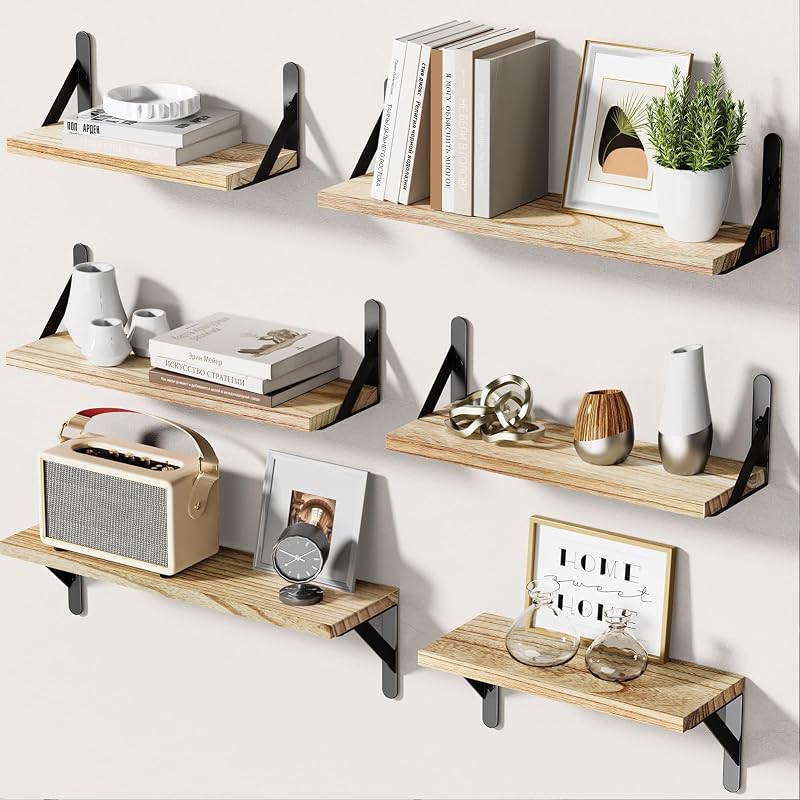 Pipishell Set of 6 Floating Shelves Paulownia Wood Rustic Black Rustic Color