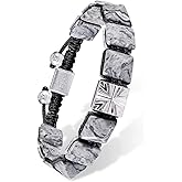 AWNL Men's Flatbead Bracelet with Sterling Silver Centre Charm Braided Bracelet Natural Gemstones Gift for Men (9.5mm Stone), 5.7"-7.5"