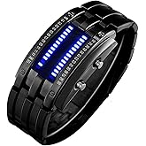 FANMIS Creative Mens Binary Matrix Blue LED Digital Watch Black Plated LED | Men's Fashion Classic Black Plated Waterproof LED Backlight Bracelet Watches Stainless Steel Digital Watch