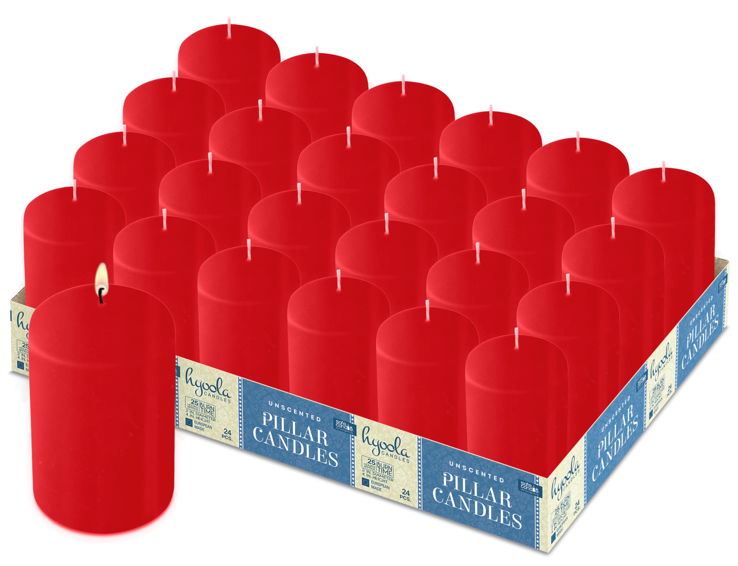 Hyoola Red Pillar Candles 50/100 mm (2 x 4 Inch) - 24 Pack Unscented Pillar Candle Set - European Made