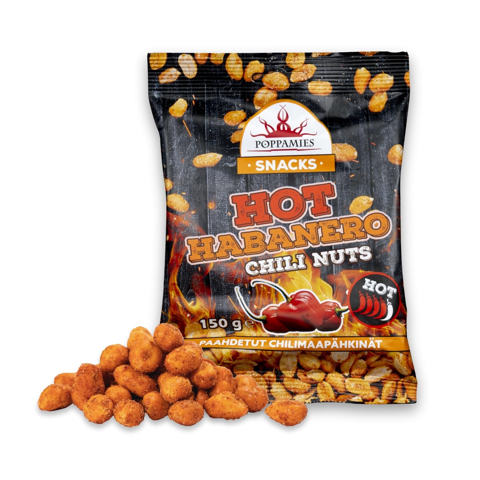 Poppamies Hot Habanero Chili-Nüsse – Scharfe Erdnüsse sind eine tolle Wahl zum Knabbern – Glutenfrei, Laktosefrei, Vegan – Scharfe Schärfe – 150g