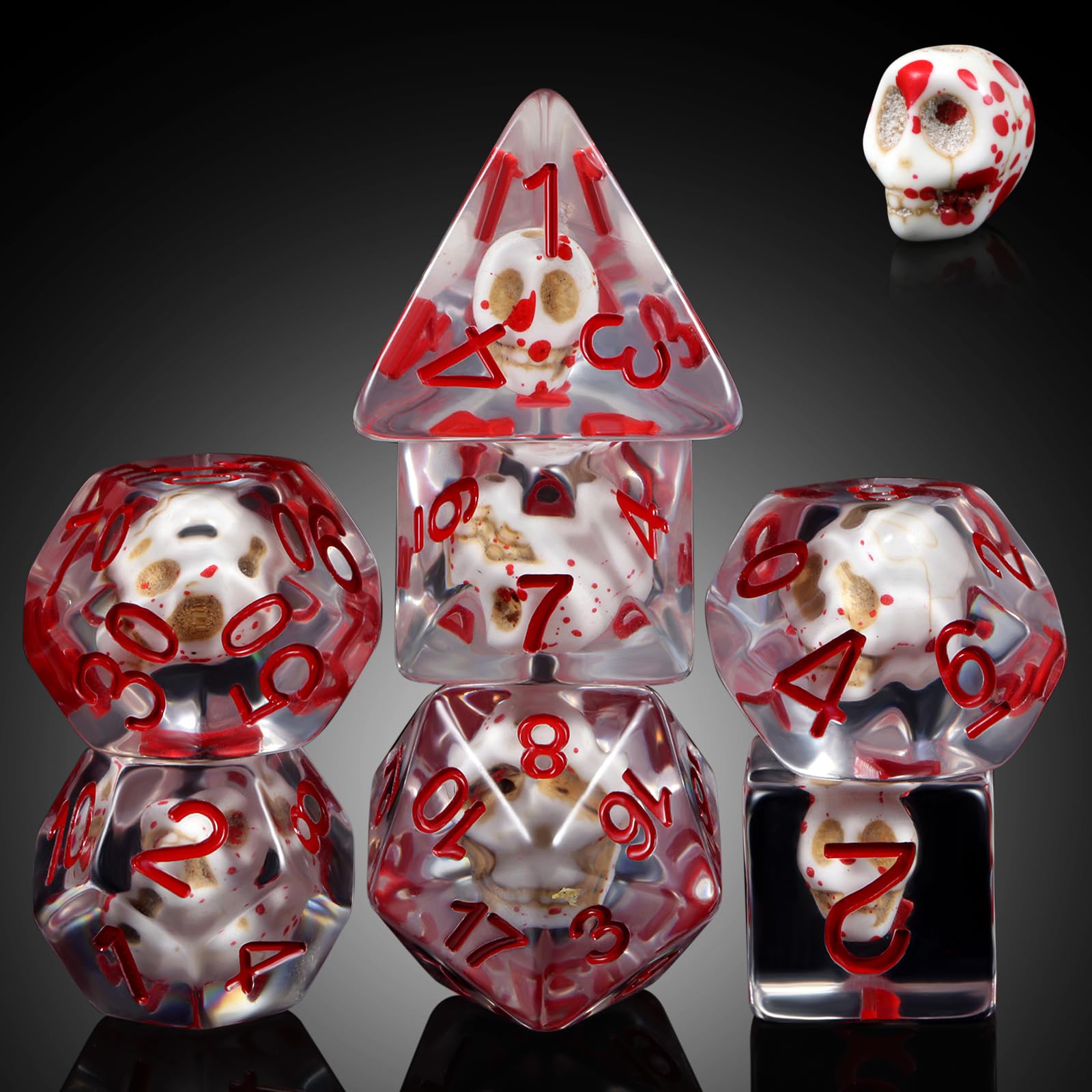 Blood Skull DND Dice, DNDND Skull Resin Dice Set with Velvet Pouch for Dungeons and Dragons DND Role Playing Games and Tabletop Games (Blood Skull with Red Num) — image 1