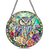 ROSDMDE Stained Glass Window Hanging 7.8 in Hand Drawn Owl Sun Catchers Colorful Glass Panel Window Suncatcher Decor for Christmas Mother's Day Birthday Gifts