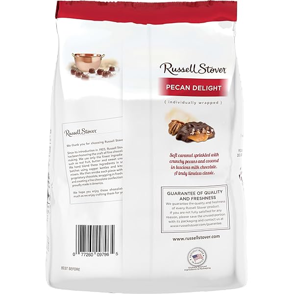 RUSSELL STOVER PECAN DELIGHT GUSSET BAG 16.10 OUNCE RUSSEL STOVER MILK CHOCOLATE COVERED CANDY PACK, CRUNCHY PECANS AND BUTTERY CARAMEL COVERED IN SWEET MILK CHOCOLATE CANDY, INDIVIDUALLY WRAPPED