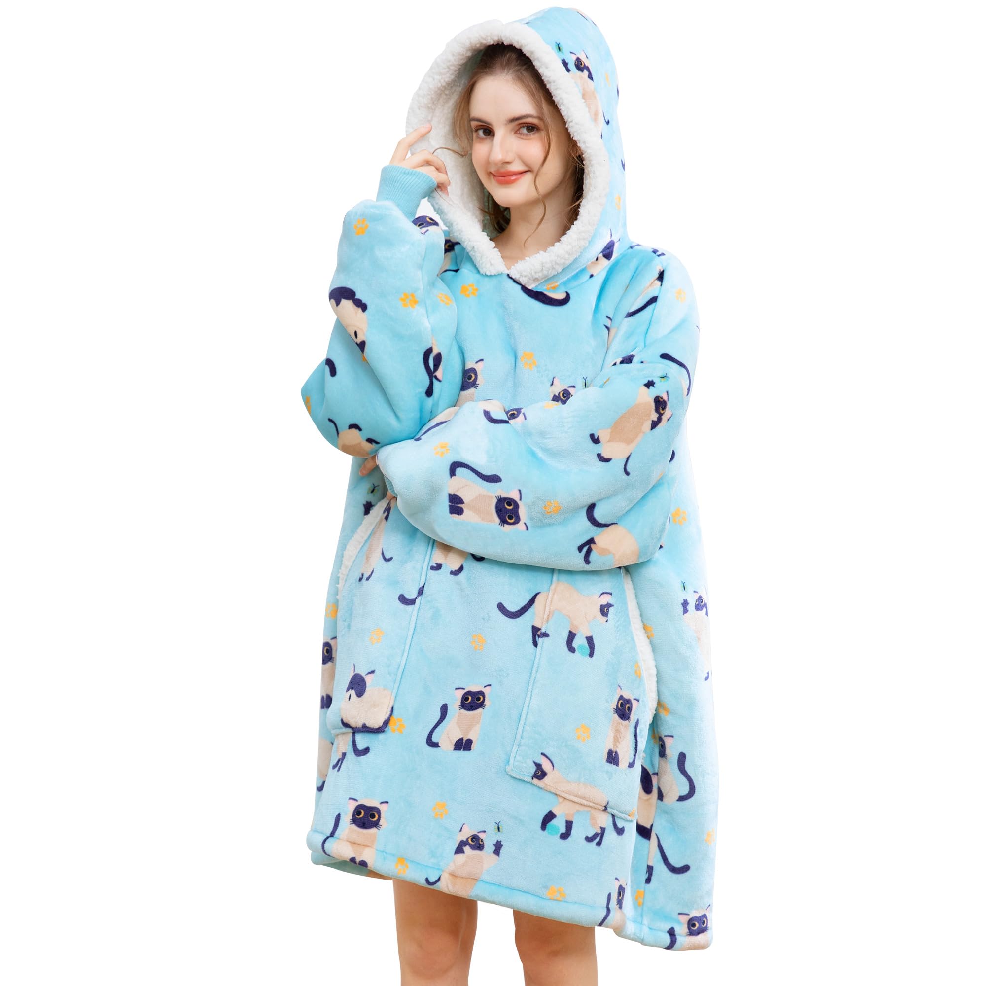 Kipswiza Cozy Wearable Blanket Hoodie - Oversized Sherpa & Flannel Hooded Sweatshirt, Gifts for Cat Lovers, Women, Men, Teens, Siamese Cat Print, Light Blue Image