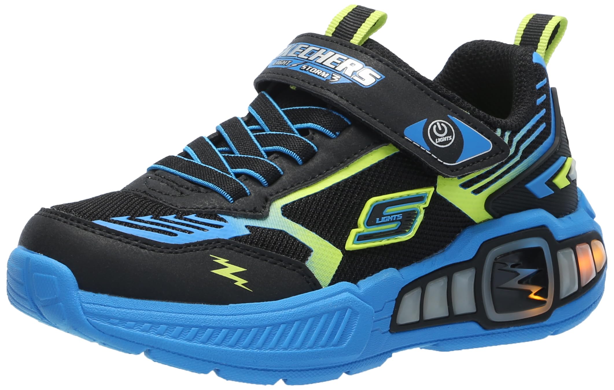 Photo 1 of ** 1 LIGHT DOES NOT WORK ** Skechers Boy's Light Storm 3 Sneaker, Black/Blue/Lime, 11 Little Kid
