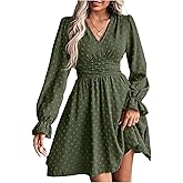 OYOANGLE Women's Spring Fall Swiss Dots Long Sleeve V Neck Ruffle Short Dress Cinched Waist Fit and Flare Dresses