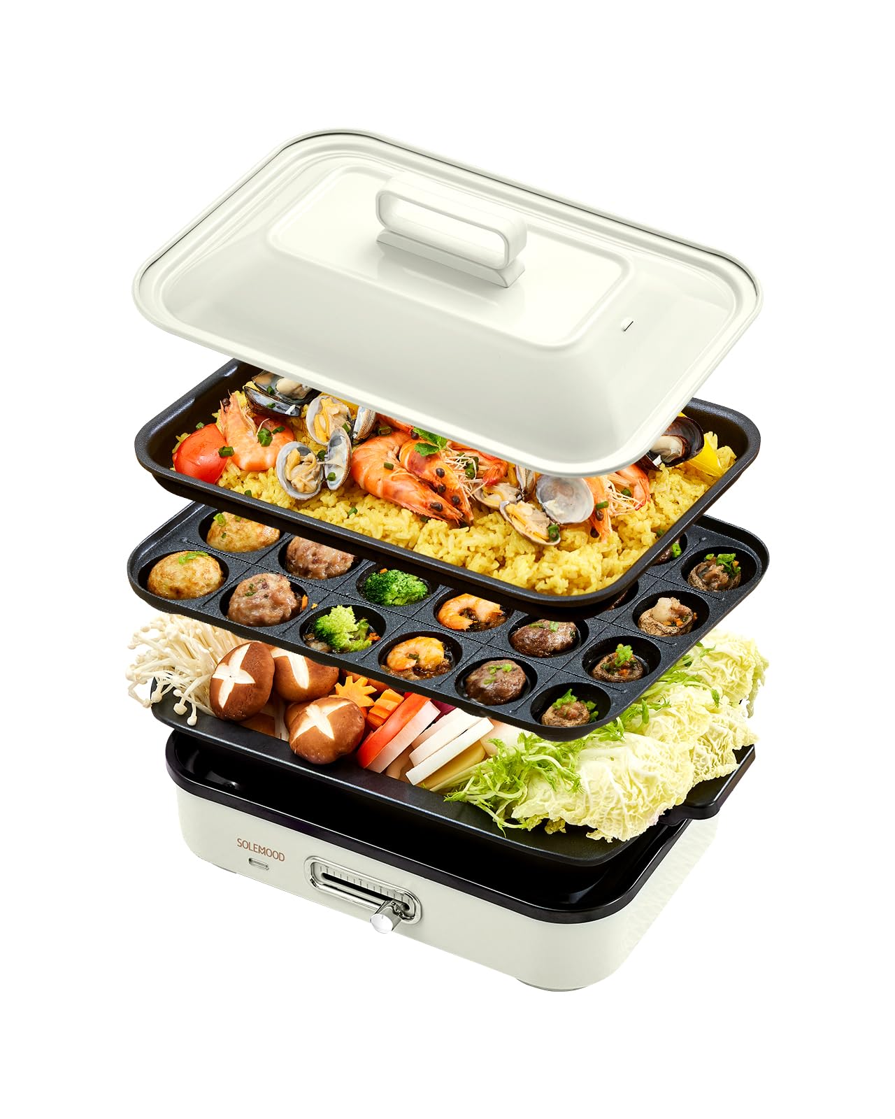 SOLEMOOD コンパクトホットプレート グリル鍋 着脱式プレート 温度調節機能付き 洗いやすい おしゃれ かわいい 1000W高出力 プレート選択可能 1~4人用 小型 ひとり暮らし にも (ホワイト, プレート3種(平面・たこ焼き・鍋))