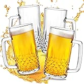 GOSDENG Beer Mugs For Freezer, 20 oz Large Heavy Glass Mugs with Handles Set of 4, Clear Large Beer Steins for Tea, Coffee, Lead-Free Glasses Oktoberfest Style, Best Gifts for Dad Husband or Friend