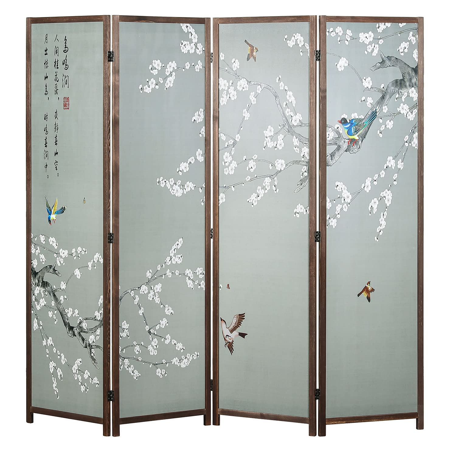 Calligraphy Divider Tree MyGift 4-Panel Asian-Inspired Folding Room Divider with Cherry Blossom ...