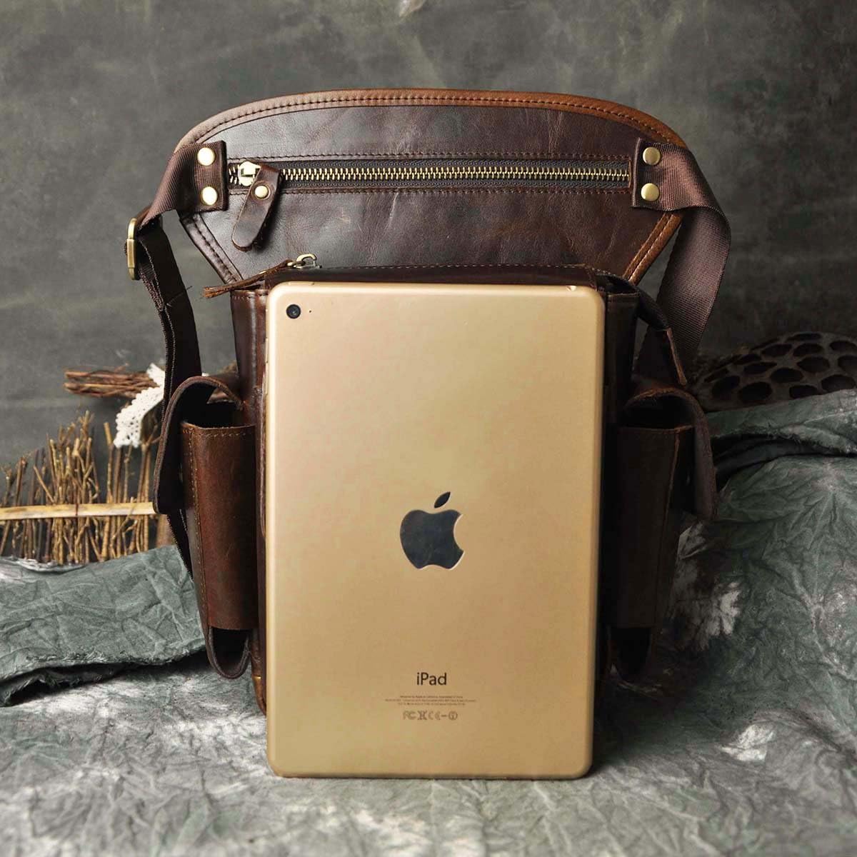 Le'aokuu Mens Genuine Leather Messenger Motorcycle Hip Bum Waist Pack Drop Leg Cross Over Thigh Bag 913-5 (913-5 Coffee) - Image 4