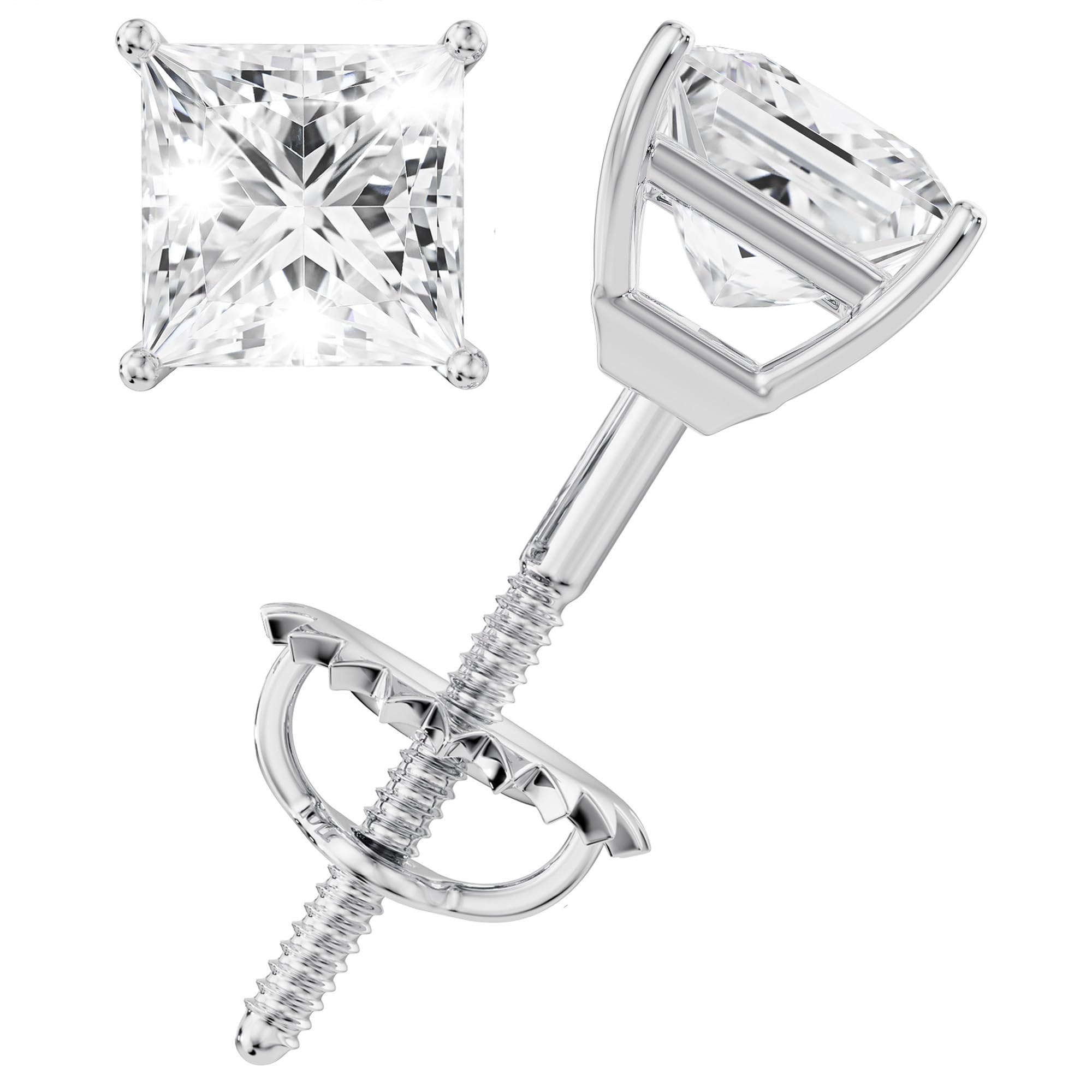 Photo 1 of 1/2CT Moissanite Stud Earrings, 0.5ct-3ct D Color VVS1 Clarity Princess Moissanite 14K White Gold Plated 925 Sterling Silver Imitation Diamond Earrings For Women