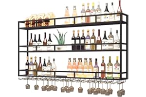 GWLQRTXV Large 59in/150cm Wine Rack with LED Lights Wall Mounted Bottle Glass Holder, 3-Tiers Liquor Floating Shelves Display
